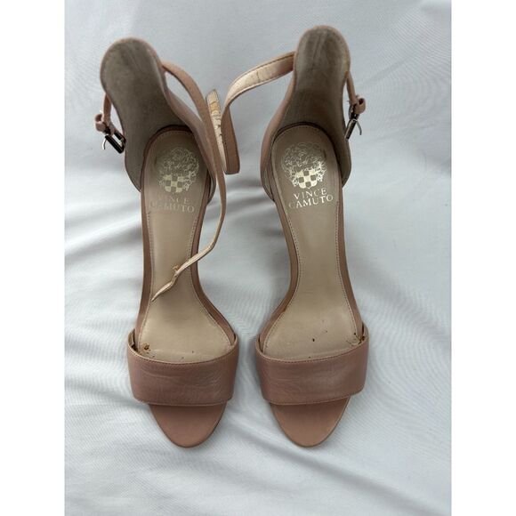 Vince Camuto Court Nude Strappy Leather Heels Size 9 Classy Kitten Heel Beige - Picture 5 of 8